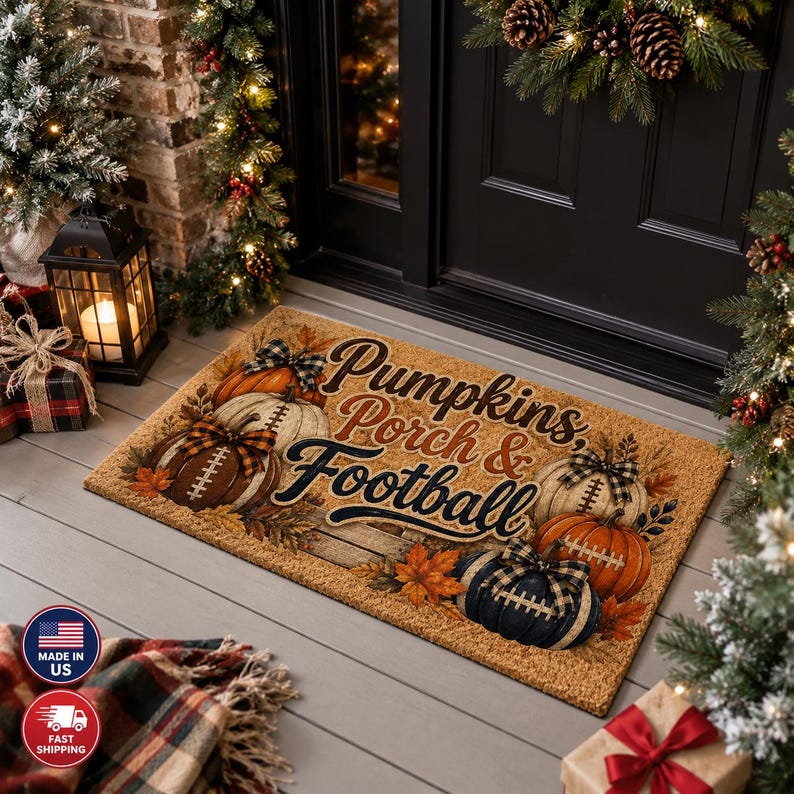 Pumpkins Porch and Football Coir Doormat, Fall Game Day Coir Welcome Mat, Football Pumpkin Door Rug