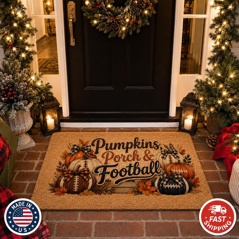 Pumpkins Porch and Football Coir Doormat, Fall Game Day Coir Welcome Mat, Football Pumpkin Door Rug