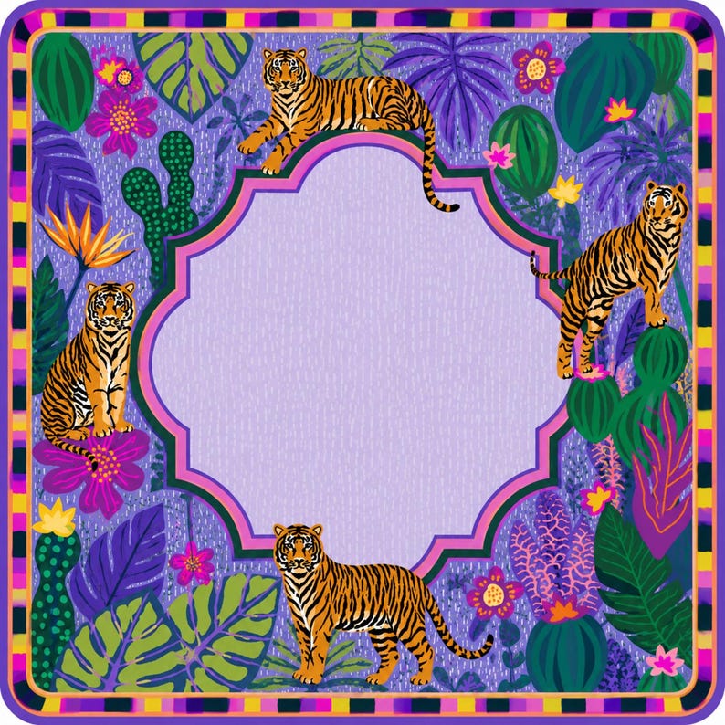 Tiger Jungle Mahjong Mat, Tropical Botanical Game Table Mat, Safari Wild Cat Decor
