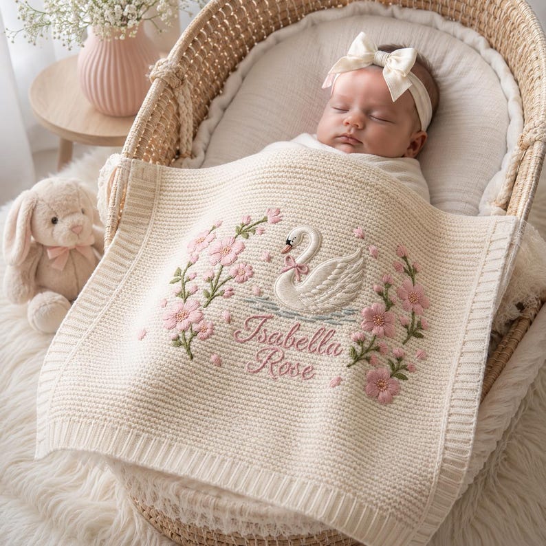 Embroidered Custom Knit Swan Baby Blanket Name Custom Princess Swan Baby Blanket For Girl, Welcome Baby Blanket