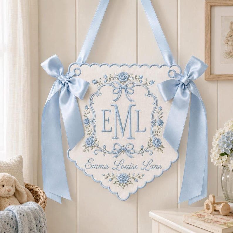 Custom Embroidered Baby Name Banner, Personalized Crib Rail Banner, Floral Monogram Crib Decor, Baby Nursery Keepsake