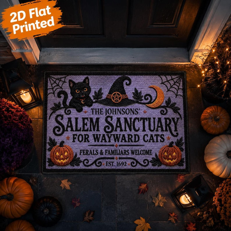 Salem Sanctuary Coir Doormat, Personalized Witch Cat Halloween Welcome Mat, Custom Family Name Wayward Cats Mat
