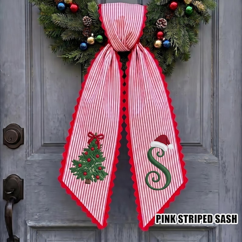 Custom Embroidery Christmas Tree Santa Name Wreath Sash, Personalize Monogram Bow Christmas Decor, Stripe Ribbon Bow