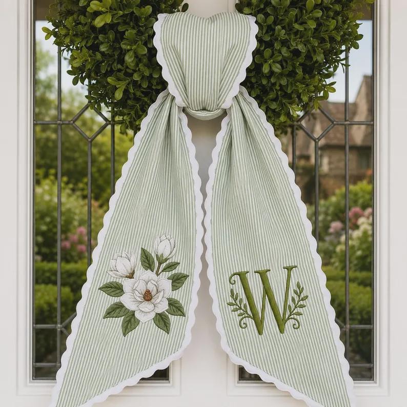 Custom All-season Monogram Bow Wreath Sash Bundle, Personalized Halloween Christmas Bow, Holiday & Everyday Door Decor