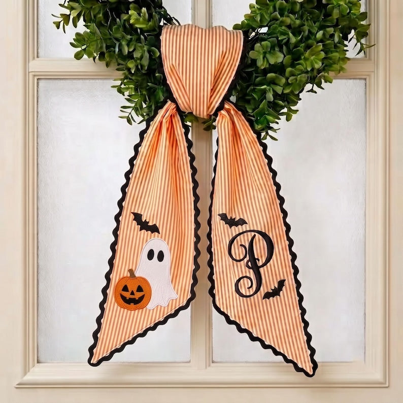 Custom All-season Monogram Bow Wreath Sash Bundle, Personalized Halloween Christmas Bow, Holiday & Everyday Door Decor