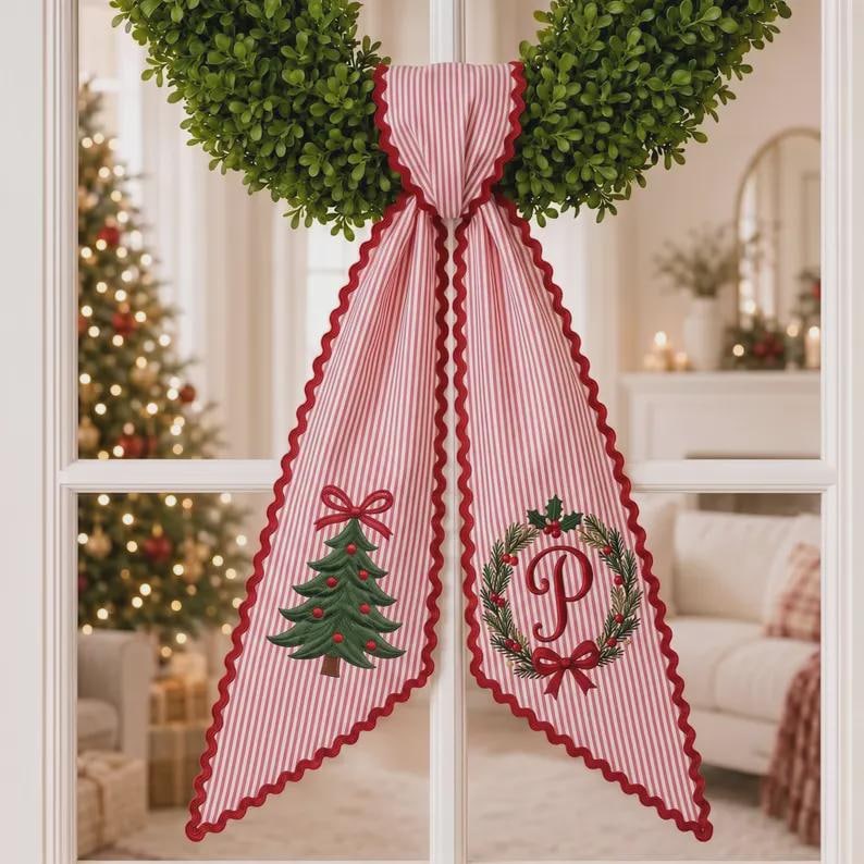 Custom All-season Monogram Bow Wreath Sash Bundle, Personalized Halloween Christmas Bow, Holiday & Everyday Door Decor