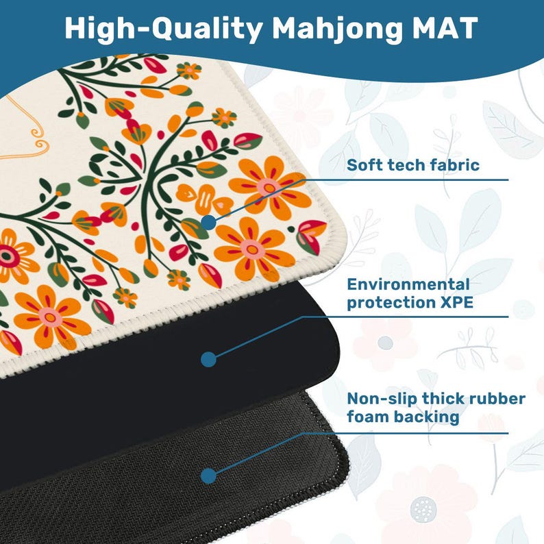 Retro Floral Mahjong Mat, Orange Flower Mahjong Table Mat, Folk Art Game Mat, Vintage Inspired Mahjong Mat