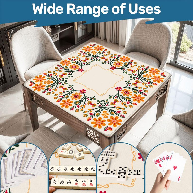 Retro Floral Mahjong Mat, Orange Flower Mahjong Table Mat, Folk Art Game Mat, Vintage Inspired Mahjong Mat