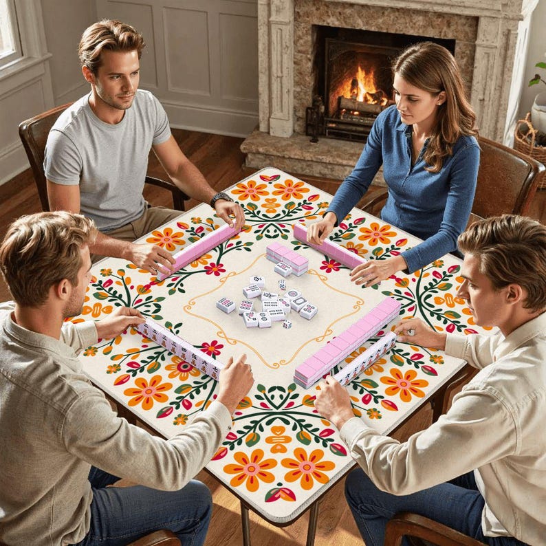 Retro Floral Mahjong Mat, Orange Flower Mahjong Table Mat, Folk Art Game Mat, Vintage Inspired Mahjong Mat