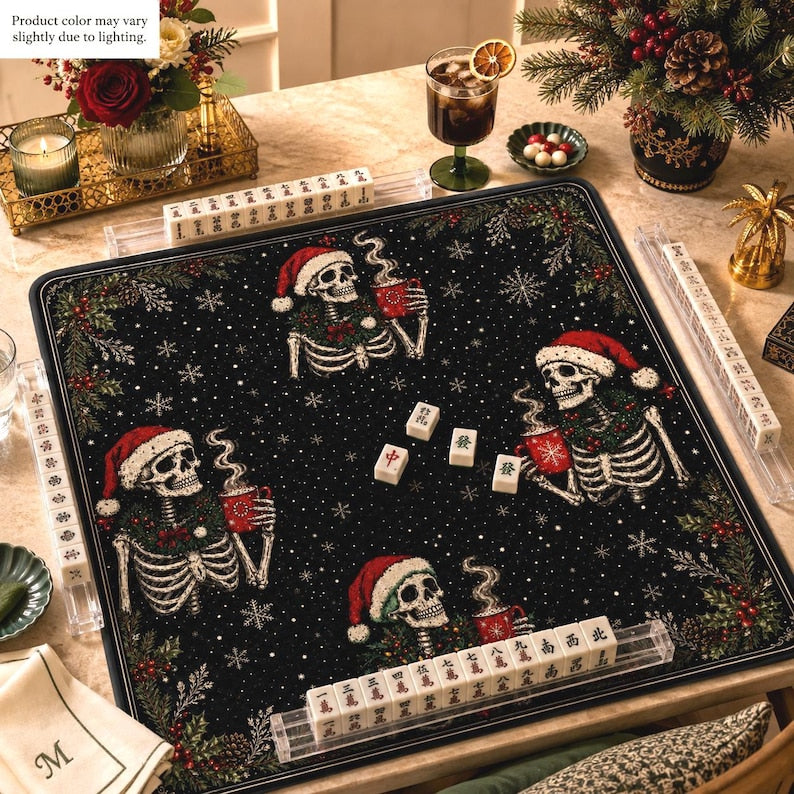 Christmas Skeleton Mahjong Mat, Goth Holiday Table Cover, Dark Academia Game Room Decor, Spooky Xmas Gift