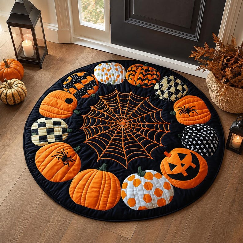 Halloween Pumpkin Round Rug, Spider Web Area Rug, Quilt Style Fall Floor Mat, Jack O Lantern Spooky Home Decor