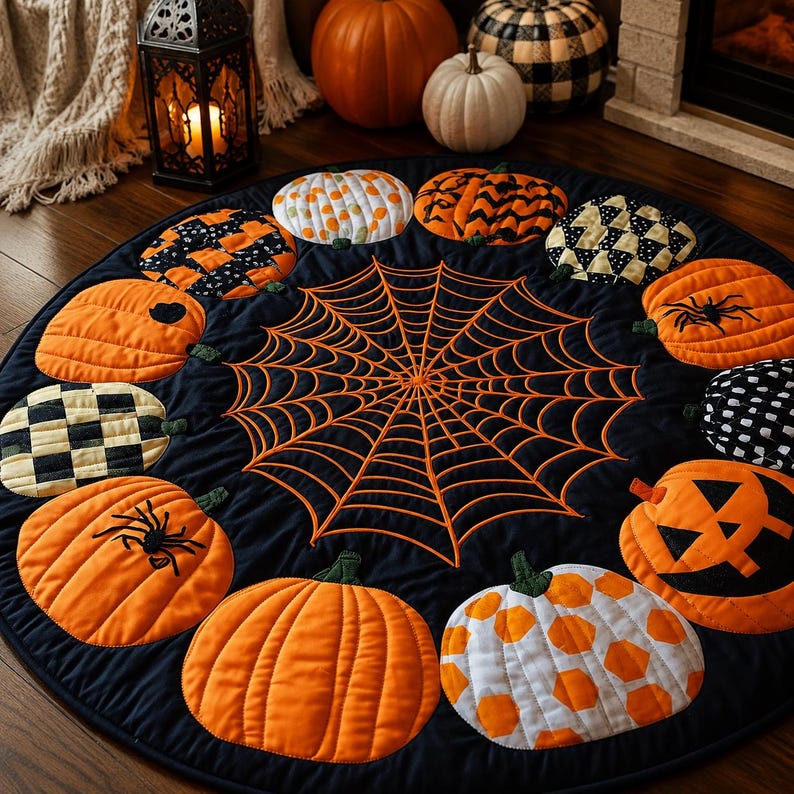 Halloween Pumpkin Round Rug, Spider Web Area Rug, Quilt Style Fall Floor Mat, Jack O Lantern Spooky Home Decor