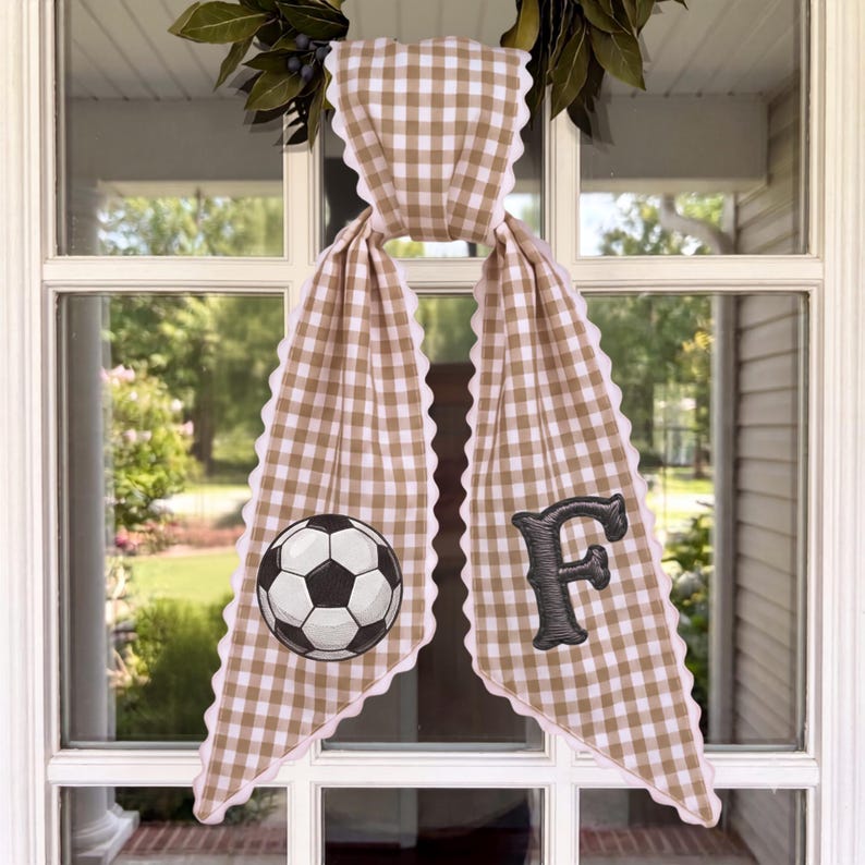 Tailgate Fall Porch Decor, Tan Checkered Sash with Embroidered Football & Custom Monogram Initial