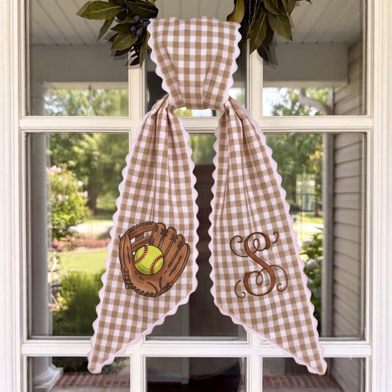 Tailgate Fall Porch Decor, Tan Checkered Sash with Embroidered Football & Custom Monogram Initial