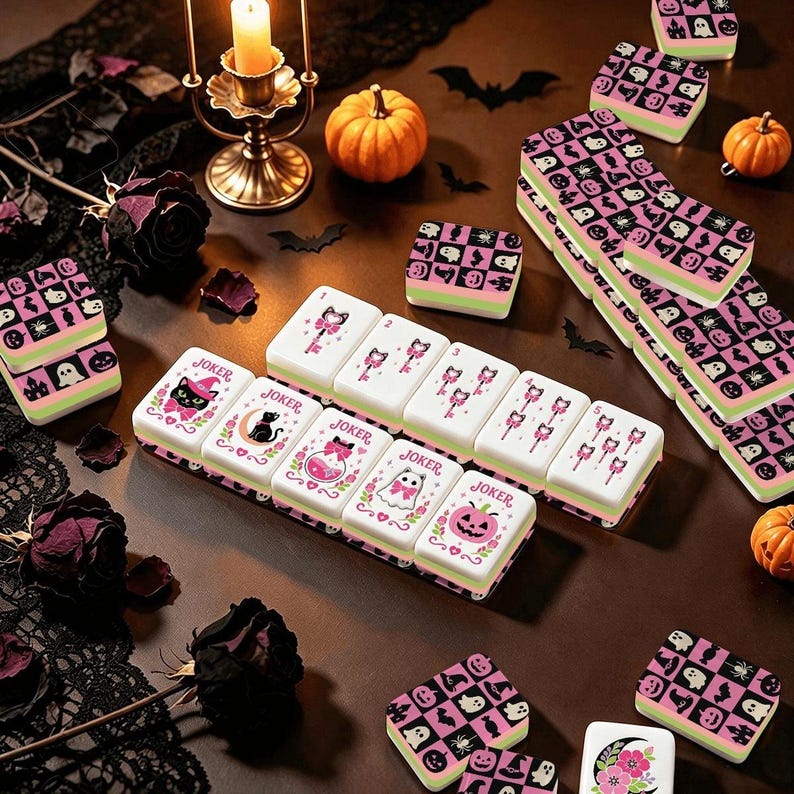 Halloween Mahjong Tiles, Spooky Cute American Mahjong Set, Black Cat Mahjong, Pink Halloween Tiles