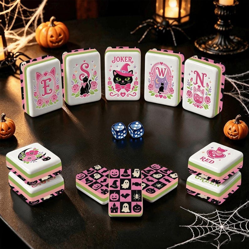 Halloween Mahjong Tiles, Spooky Cute American Mahjong Set, Black Cat Mahjong, Pink Halloween Tiles