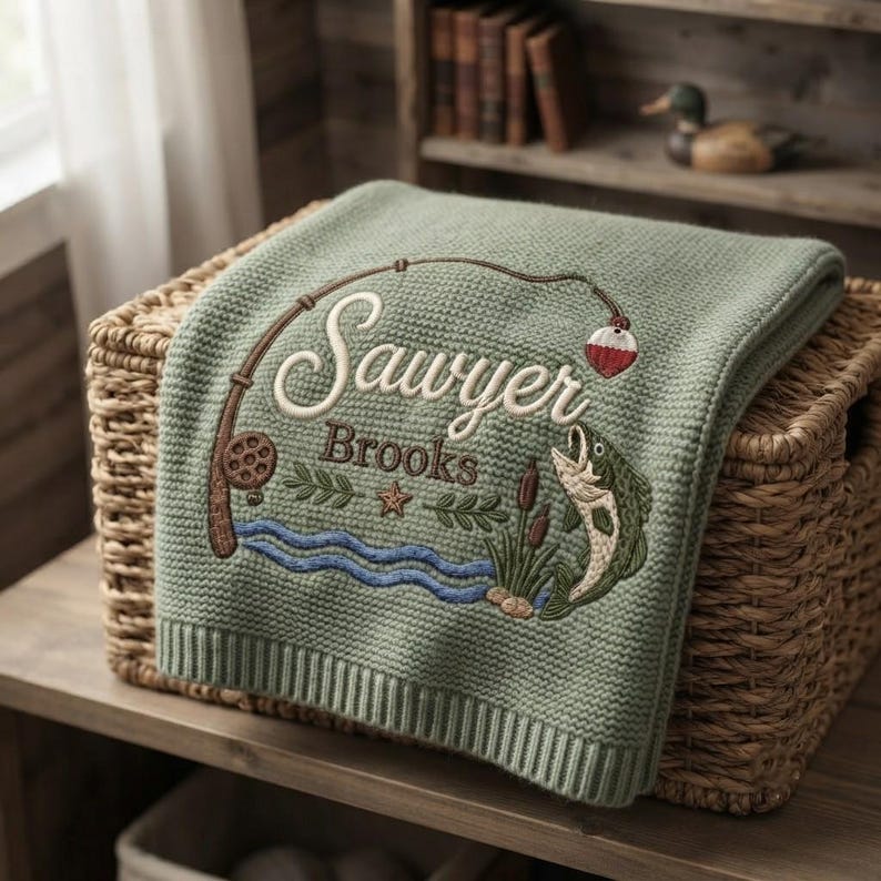 Personalized Fishing Baby Blanket Name, Custom Embroidered Fishing Rod Fish Baby Shower Gift, Welcome Baby Blanket