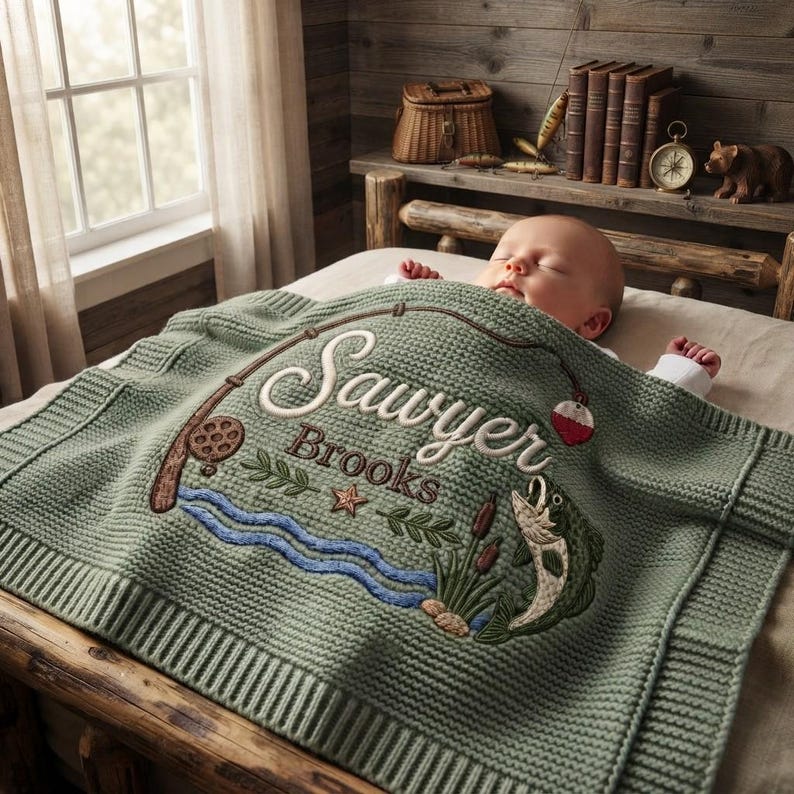 Personalized Fishing Baby Blanket Name, Custom Embroidered Fishing Rod Fish Baby Shower Gift, Welcome Baby Blanket