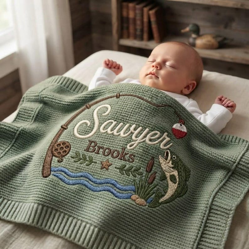 Personalized Fishing Baby Blanket Name, Custom Embroidered Fishing Rod Fish Baby Shower Gift, Welcome Baby Blanket