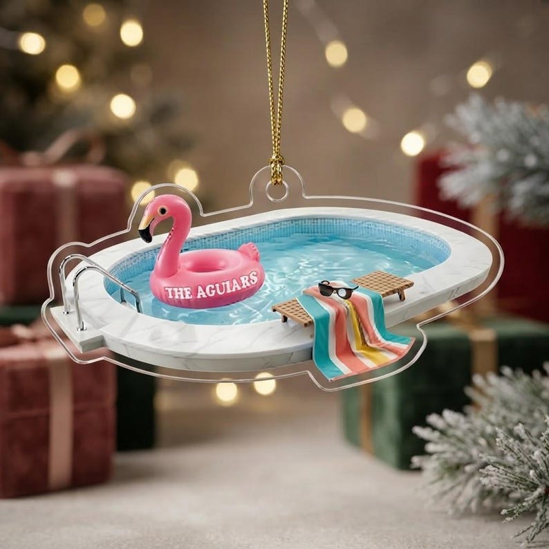 Custom Name Swimming Pool Christmas Ornament Acrylic Flamingo Float Holiday Tree Decoration