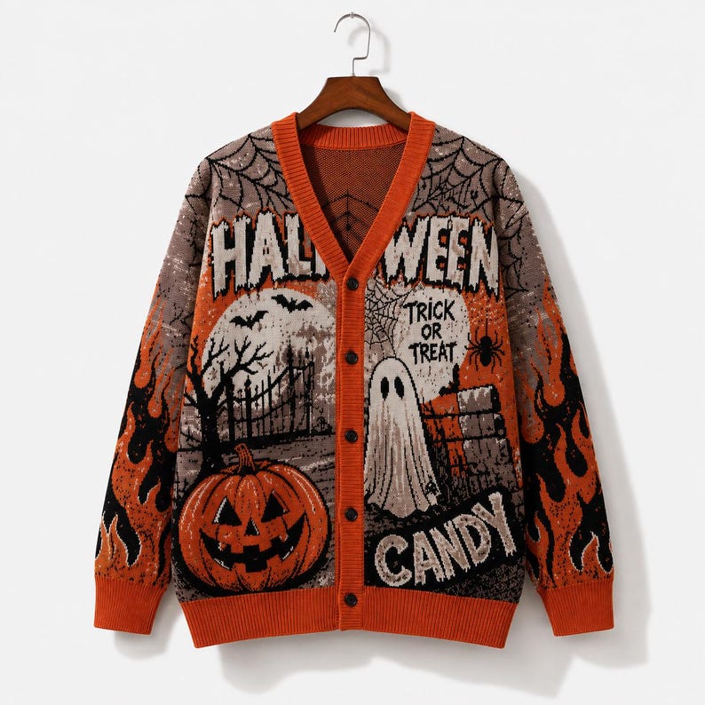 Halloween Cardigan Sweater, Spooky Pumpkin Knit Cardigan, Ghost Trick or Treat Sweater, Gothic Fall Knitwear