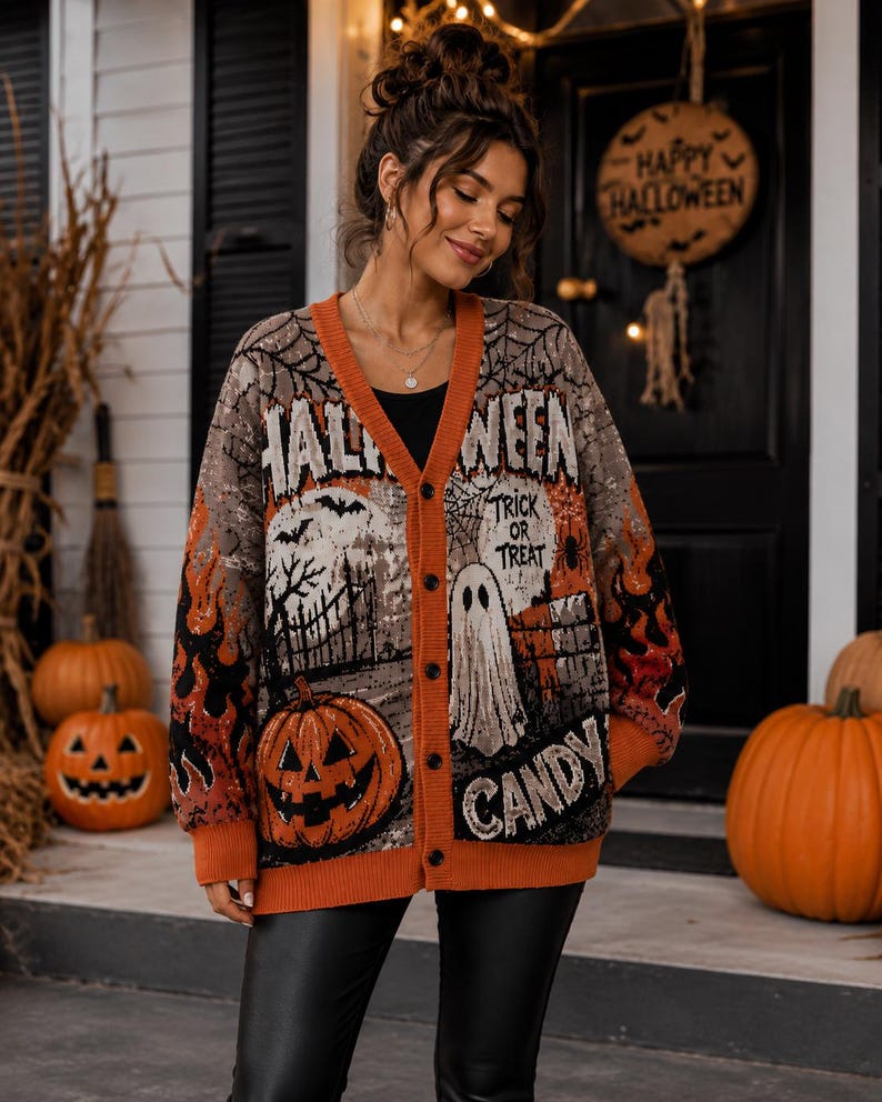 Halloween Cardigan Sweater, Spooky Pumpkin Knit Cardigan, Ghost Trick or Treat Sweater, Gothic Fall Knitwear