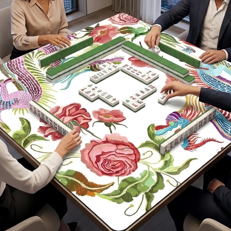 Chinoiserie Floral Dragon Mahjong Mat, Anti-Slip Chinese Table Cover, Large Board Game Playmat