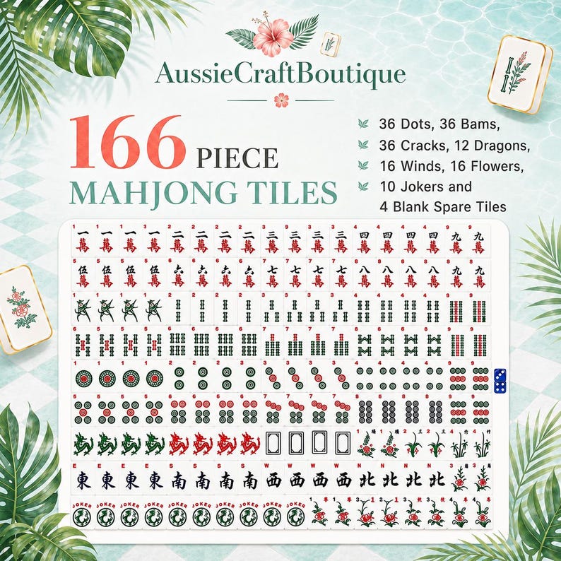 Luxury Leopard Floral Mahjong Tiles Set, 166 Acrylic American Mahjong Tiles, Chinoiserie Game Night Gift