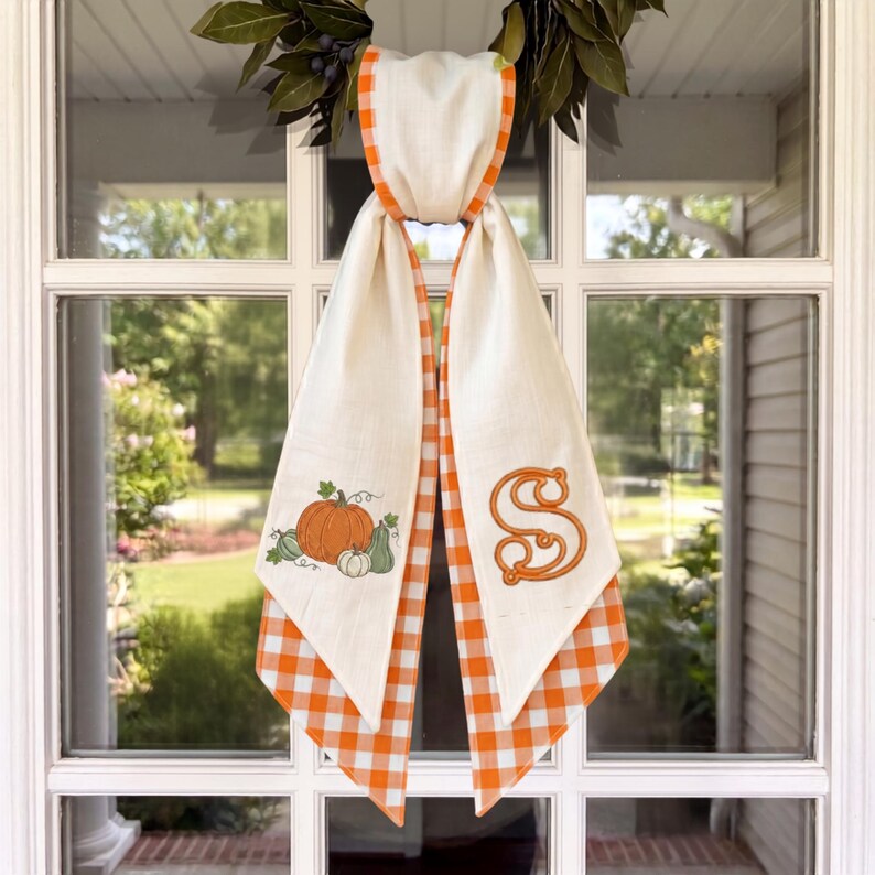 Embroidered Pumpkin Gingham Wreath Sash, Monogrammed Fall Porch Decor