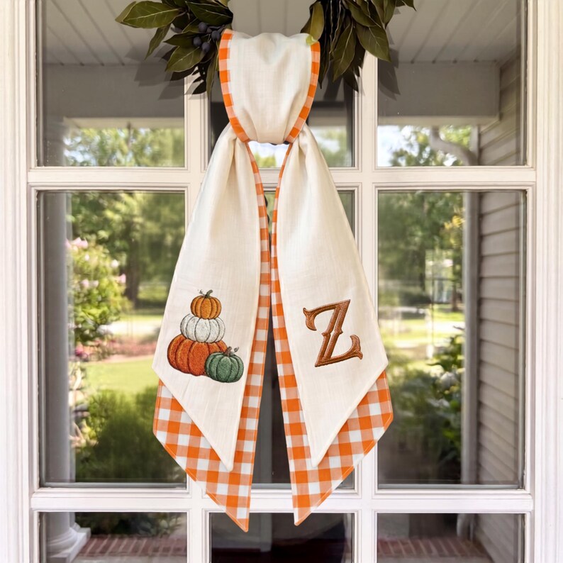 Embroidered Pumpkin Gingham Wreath Sash, Monogrammed Fall Porch Decor