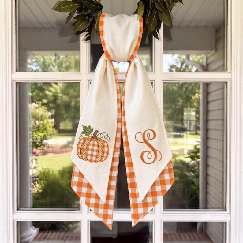 Embroidered Pumpkin Gingham Wreath Sash, Monogrammed Fall Porch Decor