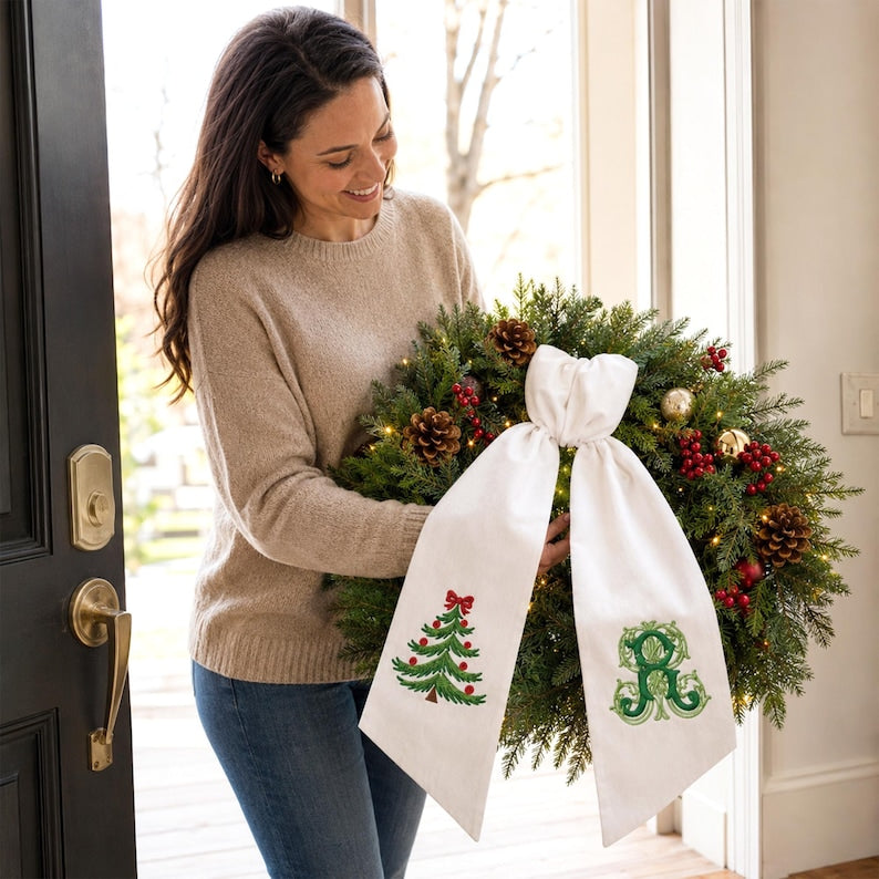 Personalized Christmas Tree Wreath Sash, Embroidered Christmas Monogram Sash, Holiday Front Door Decor