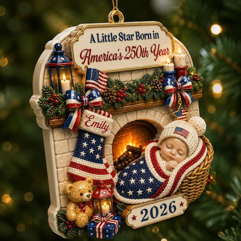 A Little Star Born in America’s 250th Year, Personalized Baby Christmas Ornament, 3D Relief Print