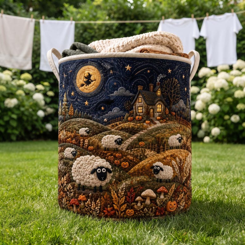 Halloween Sheep Quilted Laundry Hamper, Spooky Meadow Hamper, Sheep Theme Basket