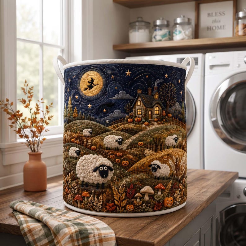 Halloween Sheep Quilted Laundry Hamper, Spooky Meadow Hamper, Sheep Theme Basket