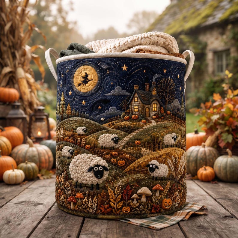 Halloween Sheep Quilted Laundry Hamper, Spooky Meadow Hamper, Sheep Theme Basket