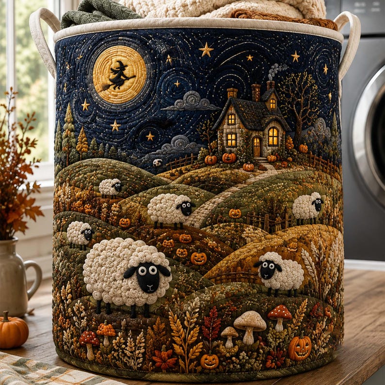 Halloween Sheep Quilted Laundry Hamper, Spooky Meadow Hamper, Sheep Theme Basket