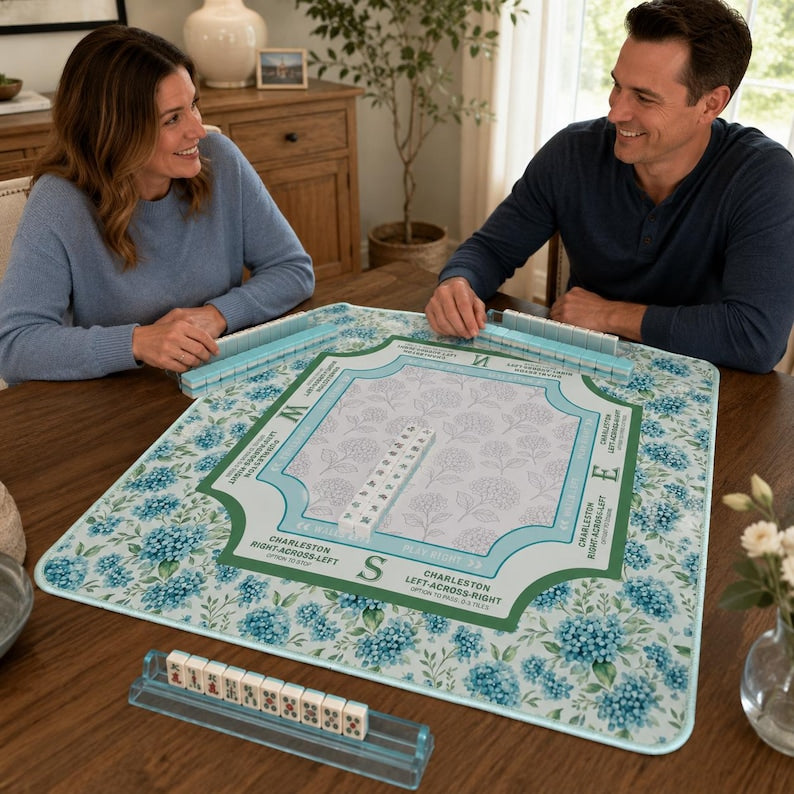 Blue Hydrangea garden Mahjong Mat, American Mahjong Table Mat with Charleston Instructions, Floral Compass Mahj Mat