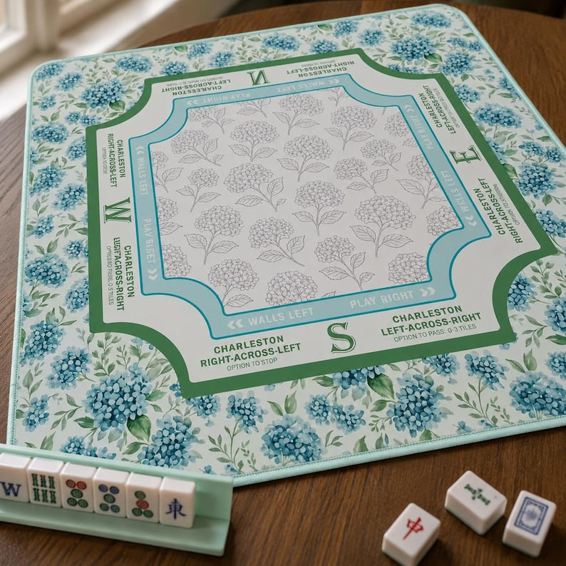 Blue Hydrangea garden Mahjong Mat, American Mahjong Table Mat with Charleston Instructions, Floral Compass Mahj Mat