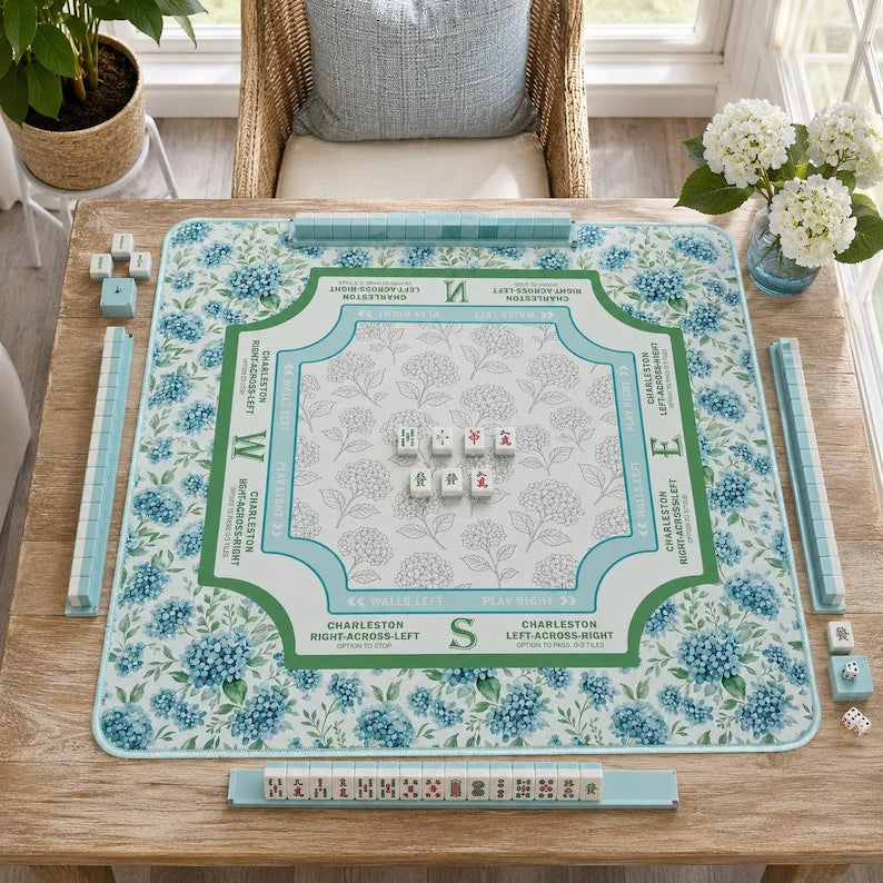 Blue Hydrangea garden Mahjong Mat, American Mahjong Table Mat with Charleston Instructions, Floral Compass Mahj Mat