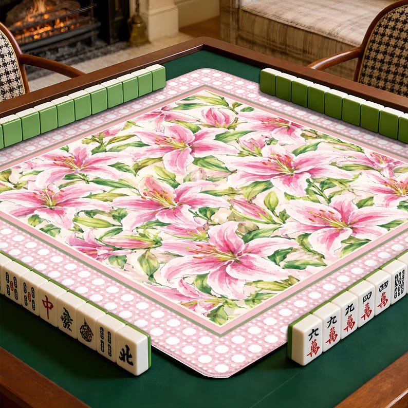 Floral Mahjong Mat, Pink Lily Table Cover, Elegant Cane Pattern Game Pad, Non-Slip Tabletop Accessory, Home Decor Gift