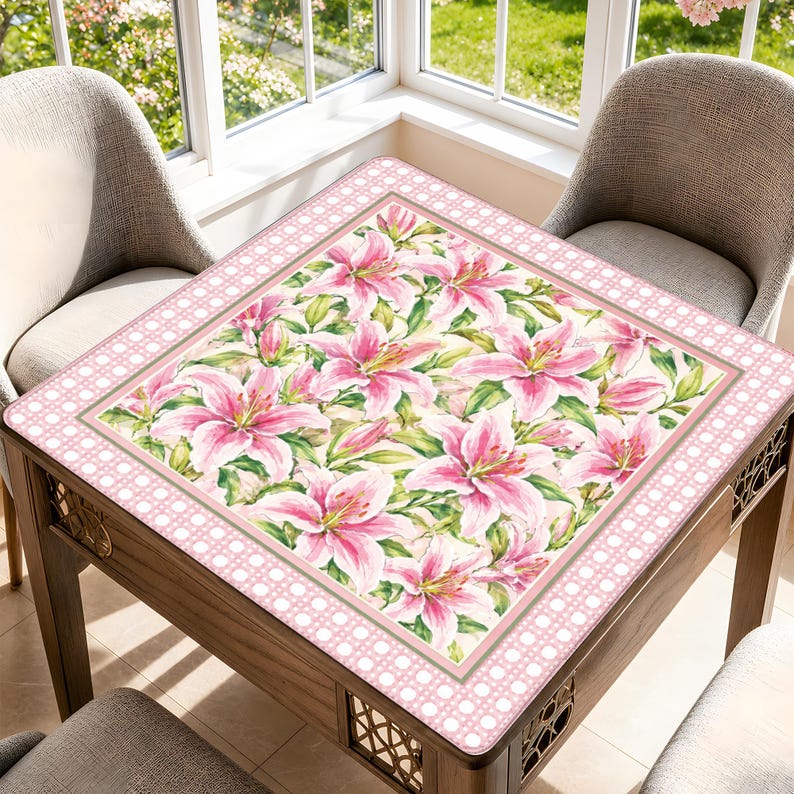Floral Mahjong Mat, Pink Lily Table Cover, Elegant Cane Pattern Game Pad, Non-Slip Tabletop Accessory, Home Decor Gift