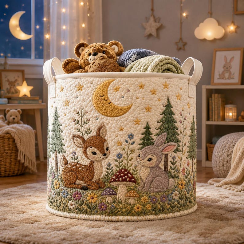 Quilted Nursery Laundry Basket, Animal Toy Storage Bin, Forest Ocean Nursery Decor, Unique Baby Shower Gift