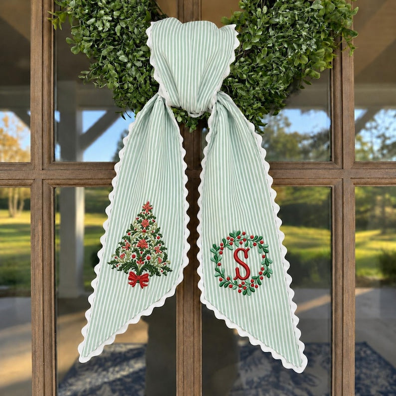 Custom Christmas Tree Wreath Sash, Personalized Embroidered Monogram Door Bow, Holiday Front Door Decor
