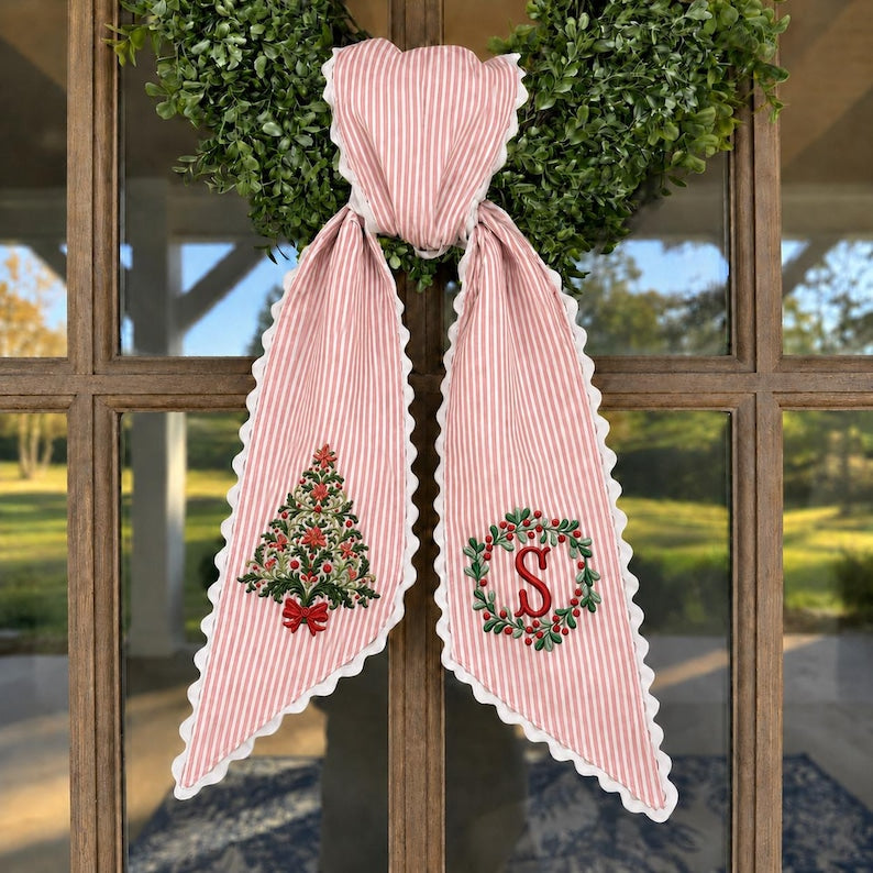 Custom Christmas Tree Wreath Sash, Personalized Embroidered Monogram Door Bow, Holiday Front Door Decor