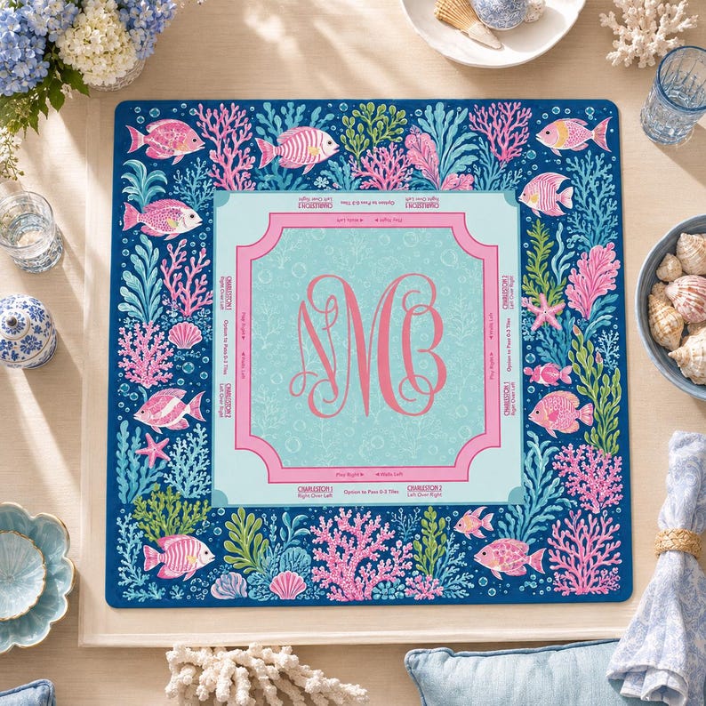 Custom Mahjong Mat, Coastal Coral Reef Table Cover, Monogrammed Game Night Gift
