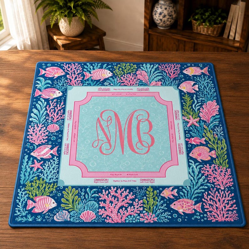 Custom Mahjong Mat, Coastal Coral Reef Table Cover, Monogrammed Game Night Gift