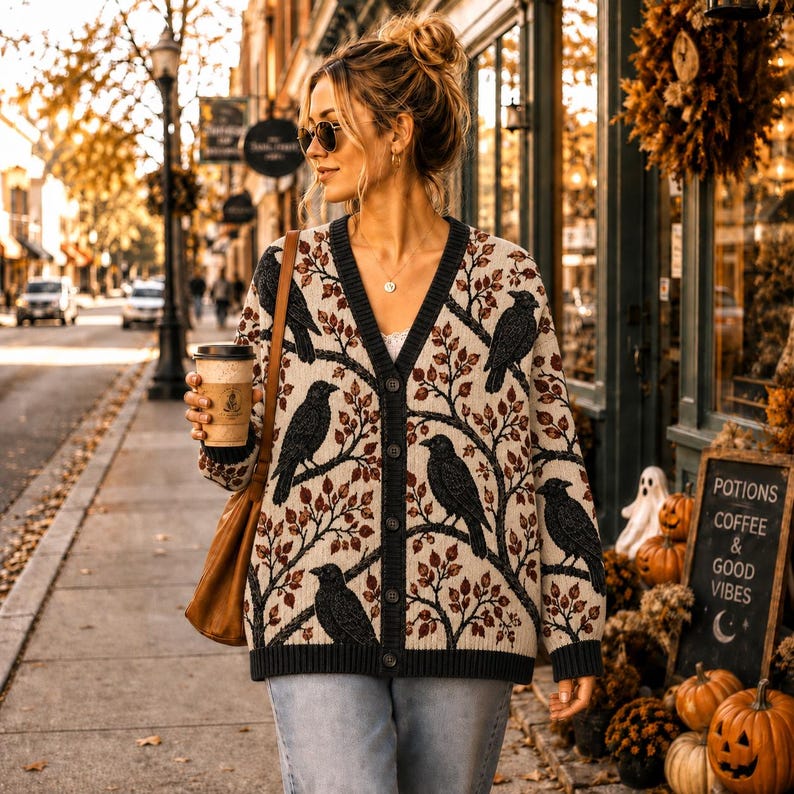 Raven Crow Knit Cardigan, Gothic Bird Sweater, Autumn Leaf Cardigan, Dark Academia Fall Sweater, Witchy Cottagecore Raven Gift