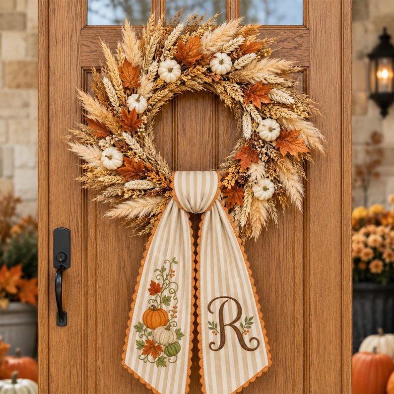 Personalized Fall Wreath Sash, Embroidered Pumpkin Monogram Wreath Bow, Custom Initial Autumn Front Door Decor