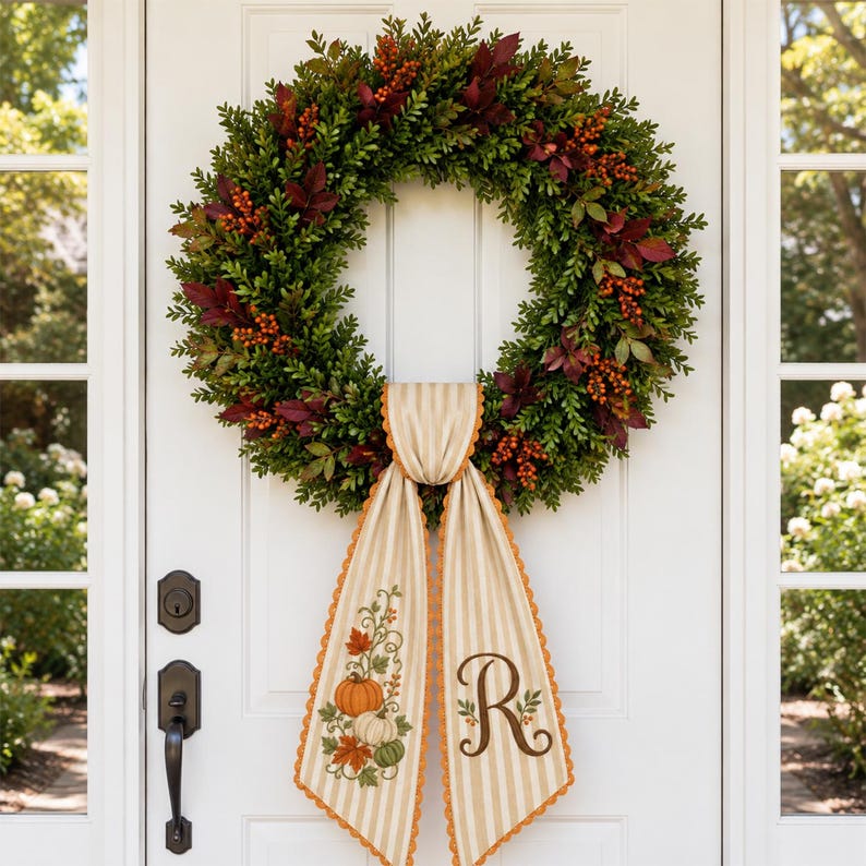 Personalized Fall Wreath Sash, Embroidered Pumpkin Monogram Wreath Bow, Custom Initial Autumn Front Door Decor
